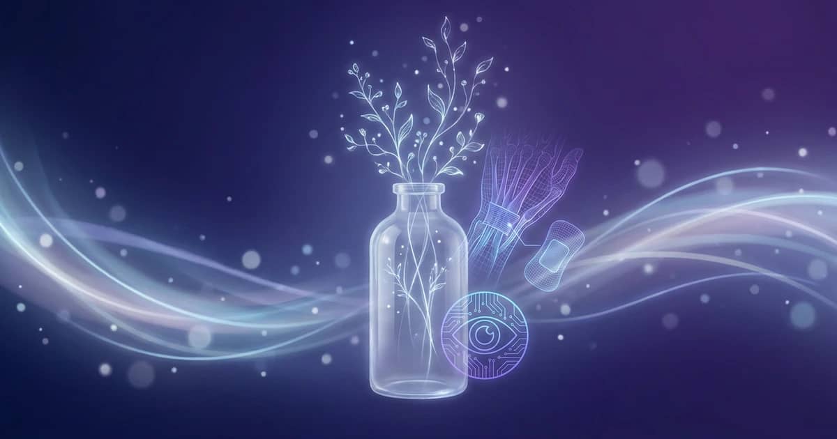 Frasco de remedio homeopático de vidrio con botánicos de ruda disolviéndose en luz sobre una estructura alámbrica luminosa de un tendón de la muñeca y un ojo, sobre un degradado azul profundo — guía de materia médica de Ruta graveolens.