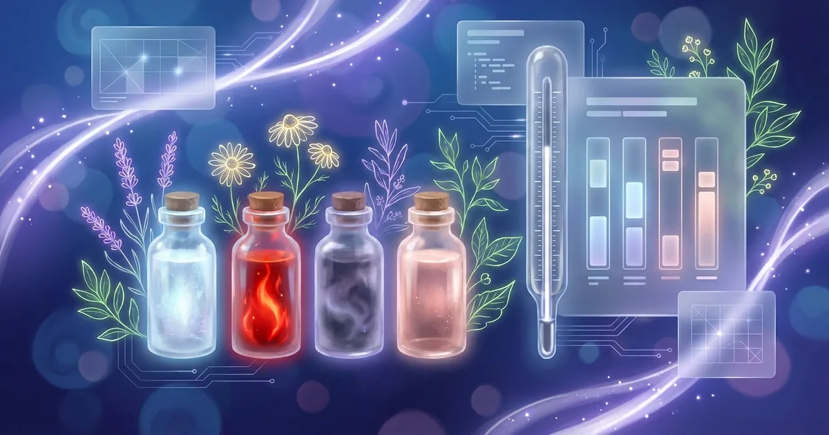 Cuatro frascos de remedios de vidrio junto a un termómetro brillante y una cuadrícula de repertorio abierta que compara rúbricas, sobre un degradado azul profundo: el diferencial clásico de fiebre aguda en homeopatía.
