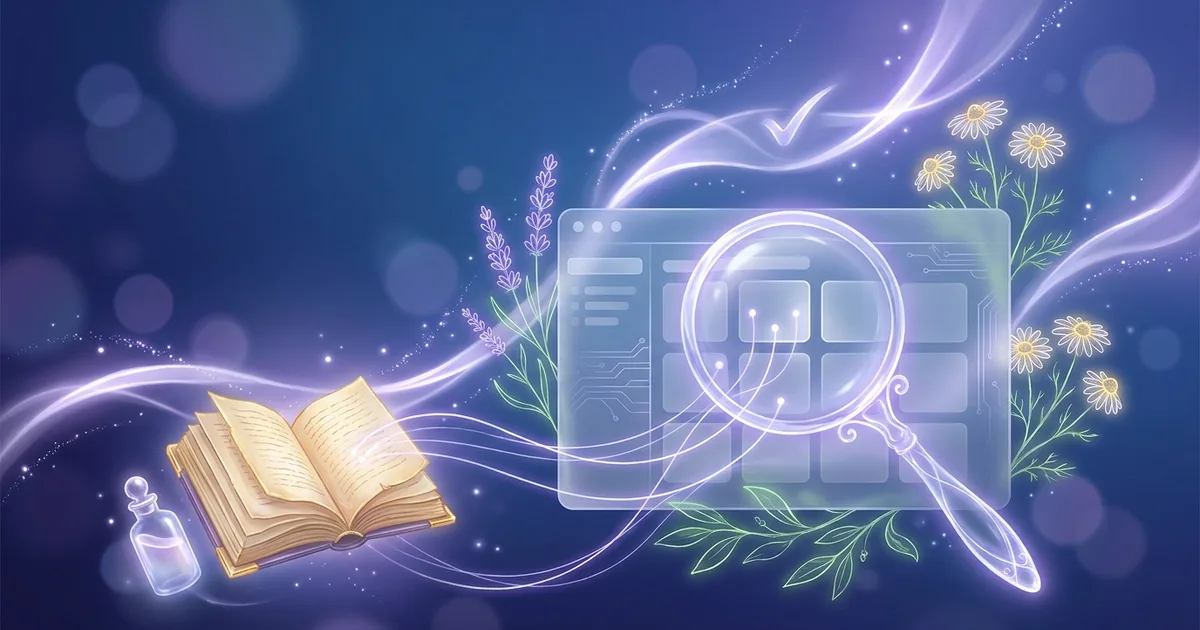 Una cuadrícula de repertorización de vidrio esmerilado inspeccionada bajo una gran lupa luminosa, con hilos luminosos que trazan cada celda de la cuadrícula hasta un libro clásico abierto, junto a un frasco de remedio de vidrio sobre un degradado azul profundo — auditoría de la repertorización asistida por IA.