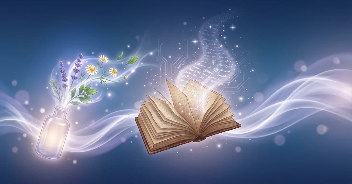 Un antiguo libro de materia medica de bolsillo que se abre mostrando entradas luminosas de remedios junto a un frasco de remedio y plantas medicinales sobre un degradado azul profundo — Materia Medica de Boericke online.