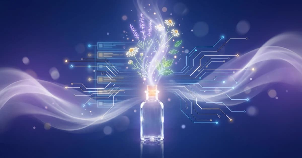 Leuchtende transparente Arzneiflasche und Pflanzen neben einer mehrschichtigen, verzweigten Repertorium-Datenbankoberfläche auf tiefblauem Farbverlauf, die das Complete Repertory online evoziert.