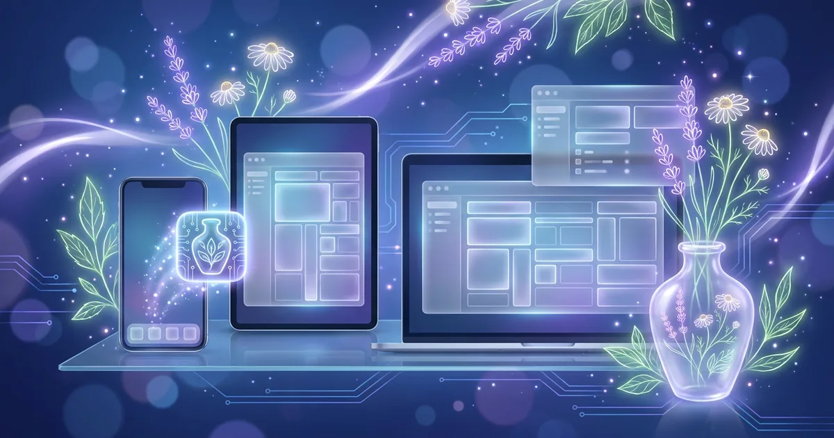 Un smartphone, una tablet y un portátil sobre un degradado azul profundo, cada uno mostrando la misma cuadrícula luminosa de repertorización con un icono de app añadiéndose a la pantalla de inicio, simbolizando la instalación de software homeopático gratuito como app en cualquier dispositivo.