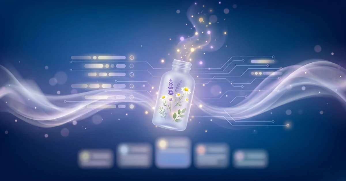 Glasfläschchen mit homöopathischem Mittel und Pflanzen, die sich neben einer leuchtenden KI-App-Oberfläche mit Rubrik- und Mitteldaten in Licht auflösen, auf einem tiefblauen Verlauf mit Leiterbahnlinien