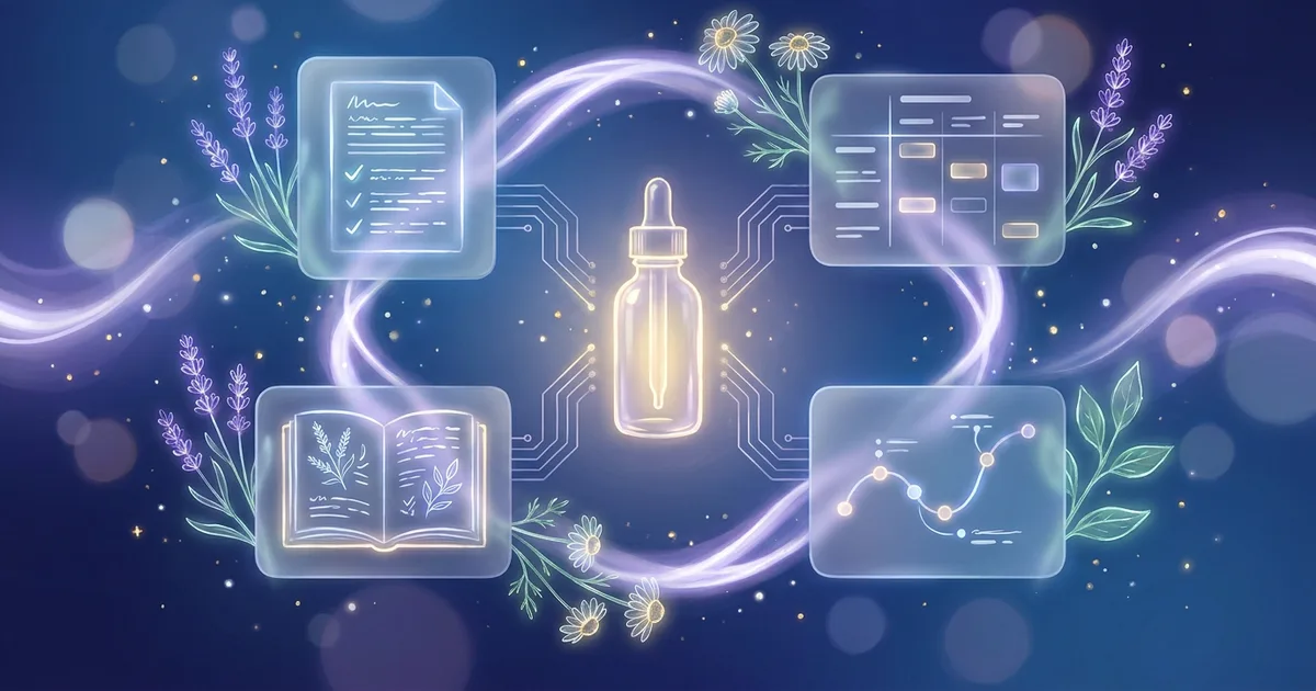 Un flujo de trabajo circular luminoso formado por paneles de vidrio esmerilado — una nota de admisión, una cuadrícula de repertorización, una página abierta de materia médica y una línea temporal de seguimiento — que orbitan alrededor de un frasco de remedio de vidrio brillante sobre un degradado azul profundo, simbolizando el flujo de trabajo digital de una clínica homeopática.