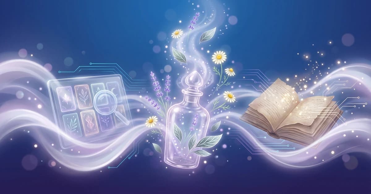 Cuadrícula luminosa y buscable de tarjetas de remedios de materia medica con una lupa y un libro antiguo disolviéndose en luz sobre un degradado azul profundo — búsqueda de materia medica en línea.