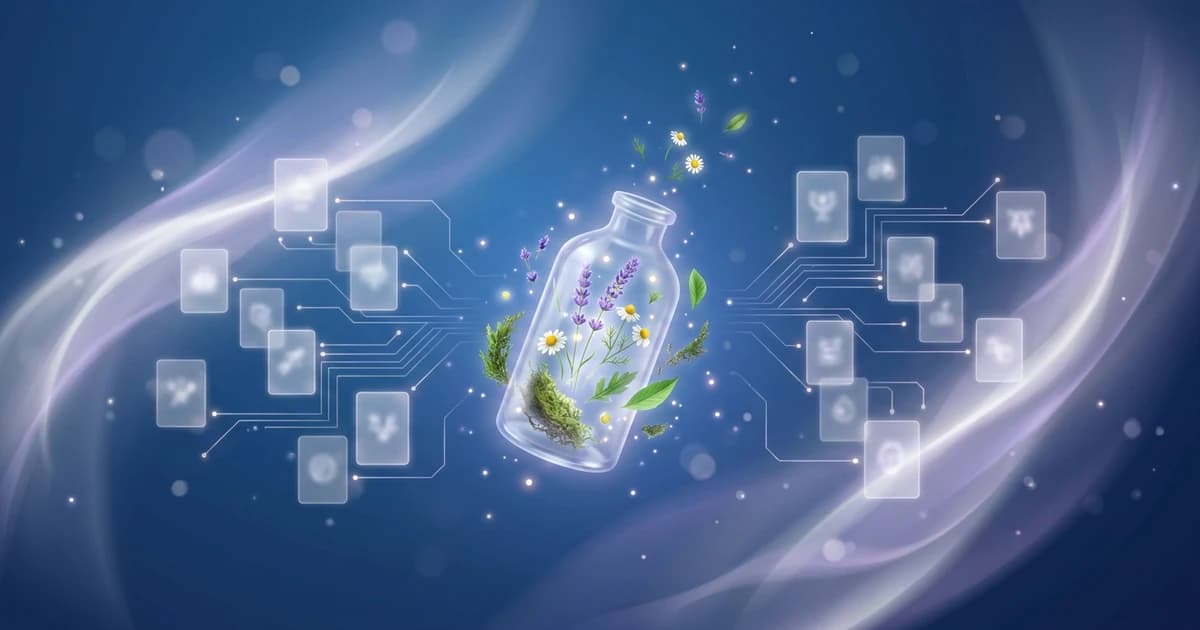 Frasco de remedio homeopático de vidrio con elementos botánicos flotando junto a una constelación luminosa de tarjetas de remedios interconectadas, sobre un degradado azul profundo, que simboliza los principales remedios policrestos en una materia médica.