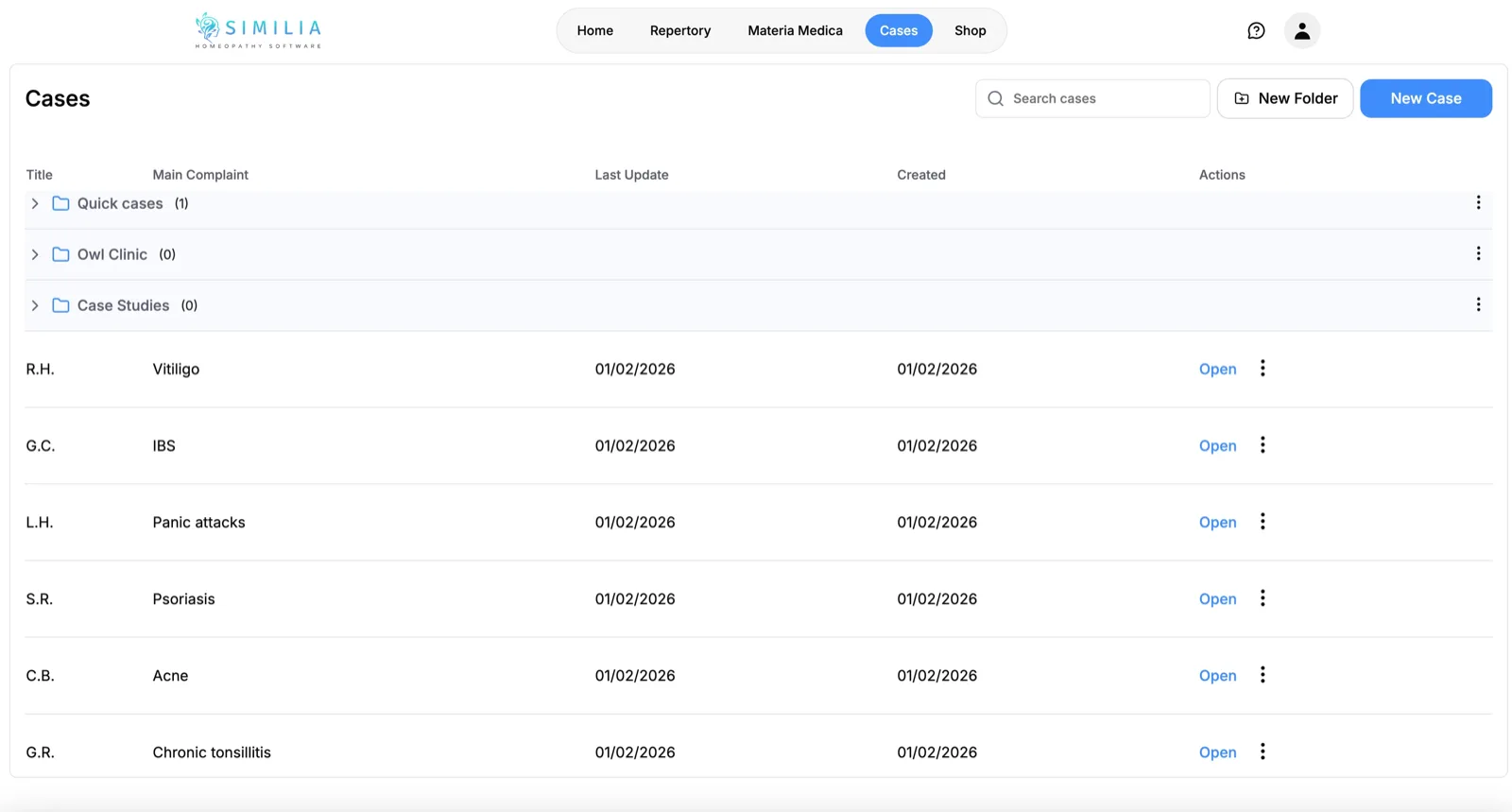 Patient case management interface showing case organization