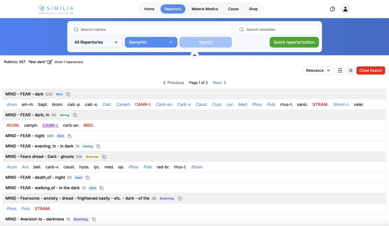 Classic repertory interface showing Kent's Repertory with expanded rubrics