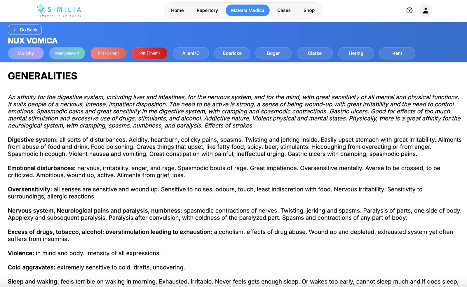 Materia Medica showing remedy details with symptom descriptions